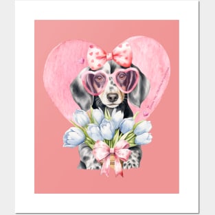 Valentine Grey Dachshund Heart and Flowers Posters and Art